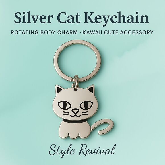 Cute Cat Keychain • Rotating Charm • Silver Metal Accessory - New - Picture 1 of 10